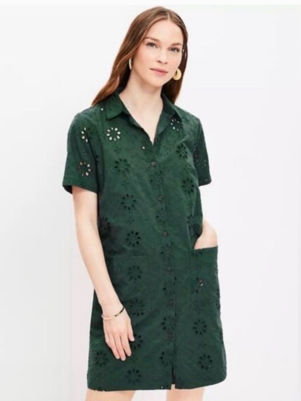 LOFT Forest Green Eyelet Button-Front Shirt Dress